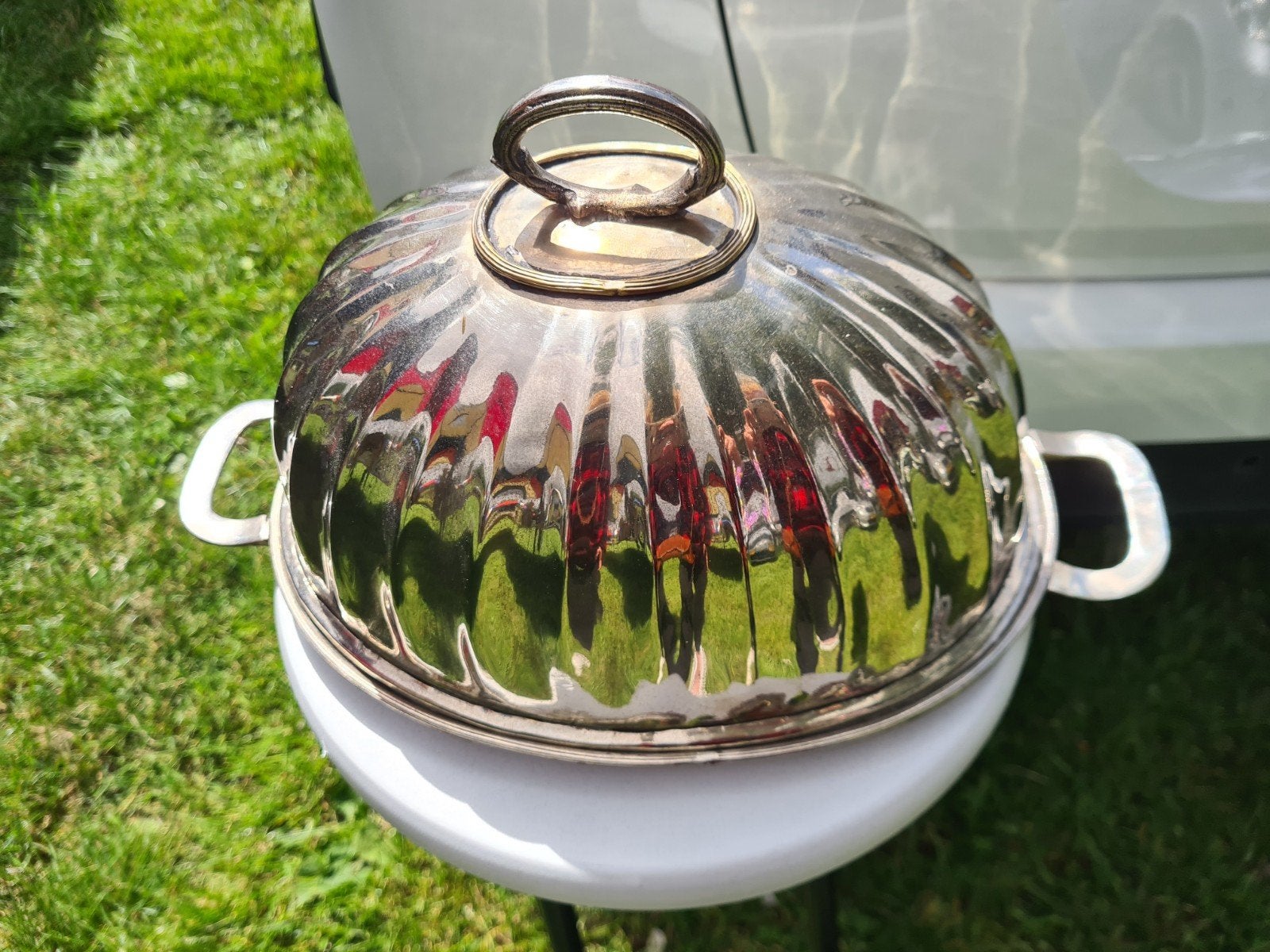 Vintage verzilverde serveerschaal met deksel, Antiek en Kunst, Ophalen of Verzenden