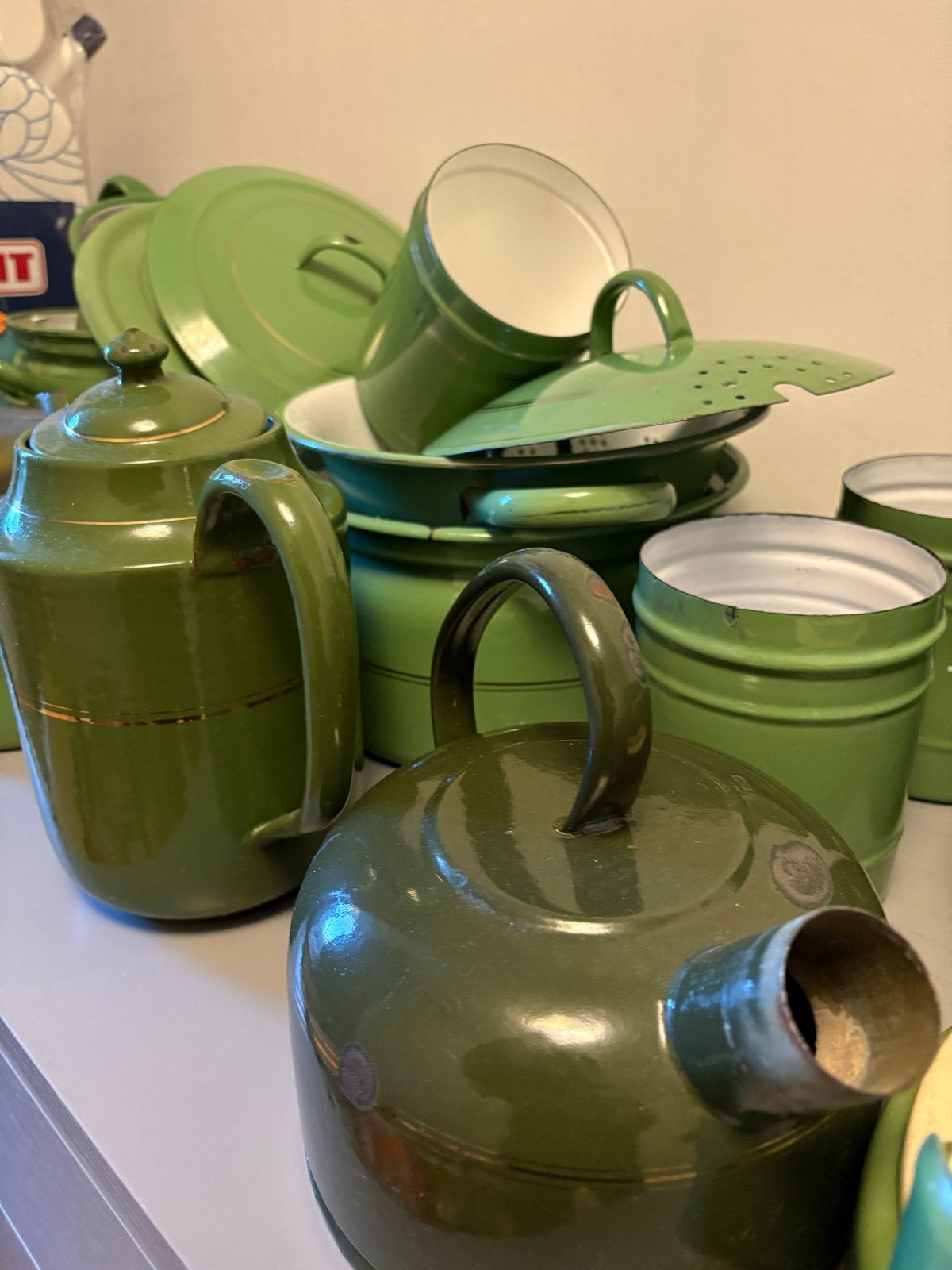 Complete Antieke Groene Emaille Keukenset - Ophalen in Leide, Antiek en Kunst, Ophalen