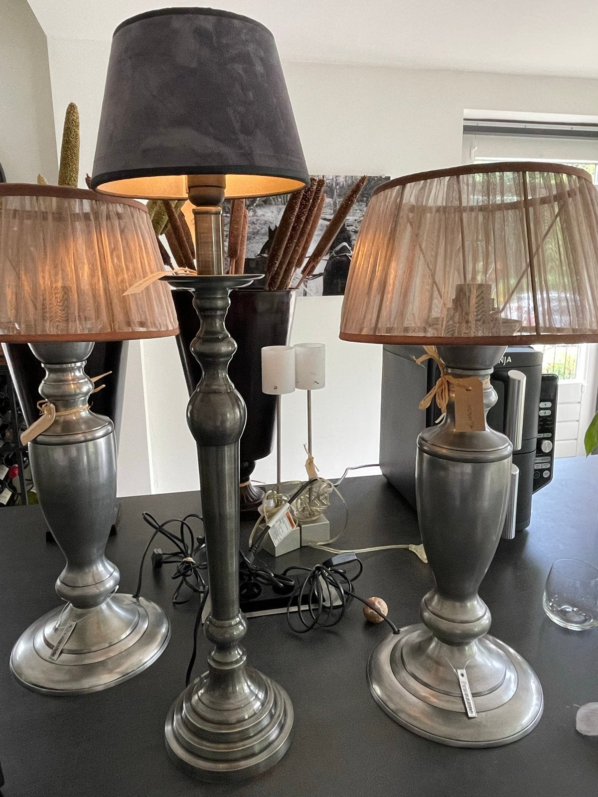 Landelijke tafellamp antiek zilver, 73 cm hoog, E27 fitting, Gebruikt, Zilver, Metaal, Met schakelaar