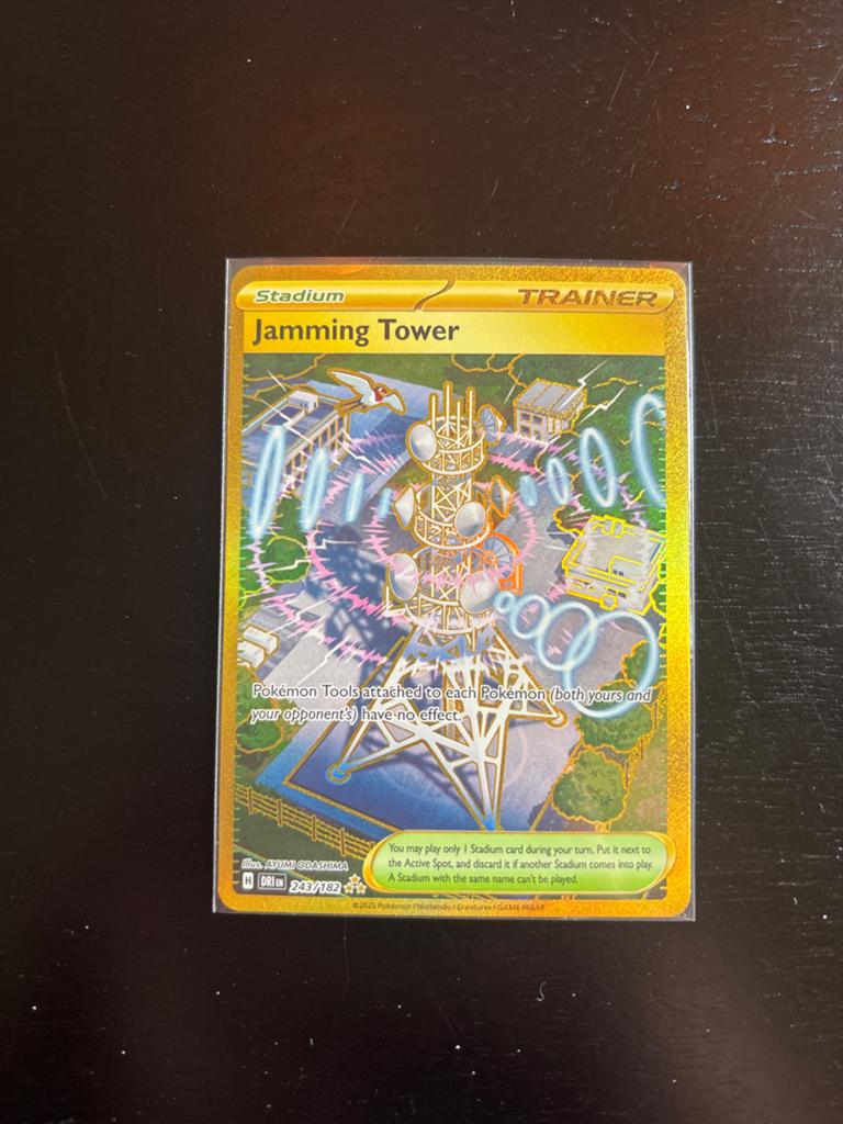 Pokemon Kaart Jamming Tower Gold Secret Rare (217/182), Ophalen, Zo goed als nieuw, Losse kaart, Foil
