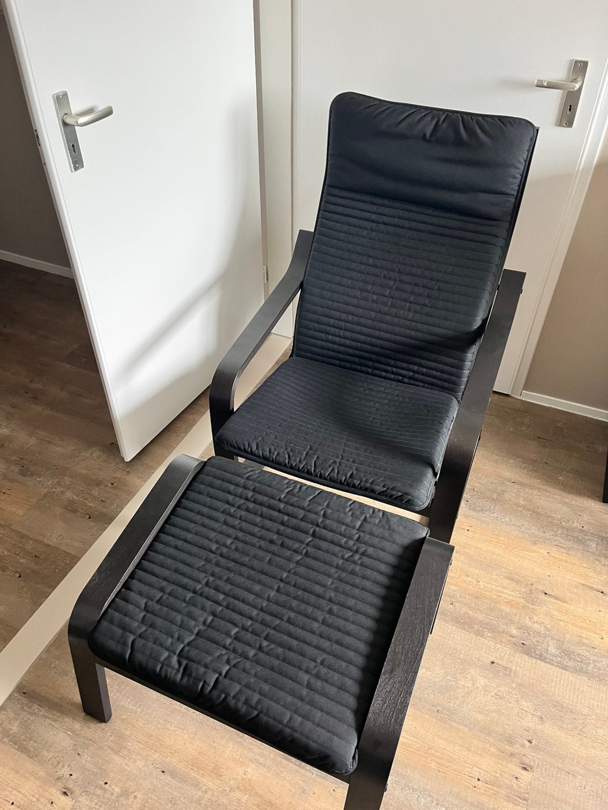 Fauteuil/Stoel IKEA Poäng met Voetenbank - Zwart, Ophalen, Gebruikt, 75 tot 100 cm, 50 tot 75 cm