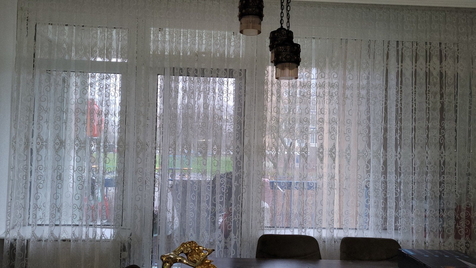 Elegante witte vitrage met patroon, 200 cm of meer, Wit, Ophalen of Verzenden, Zo goed als nieuw