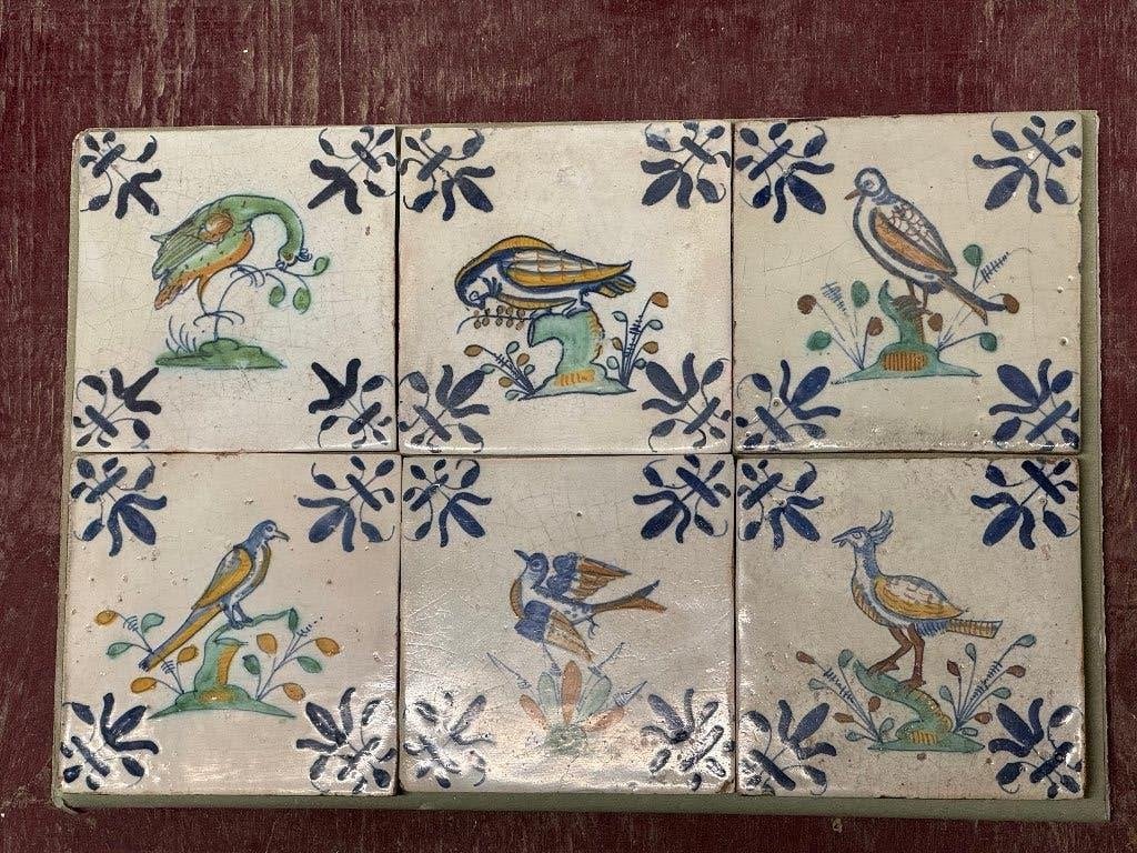 6 stuks gekleurde vogels 17e eeuws antieke wandtegels, Ophalen