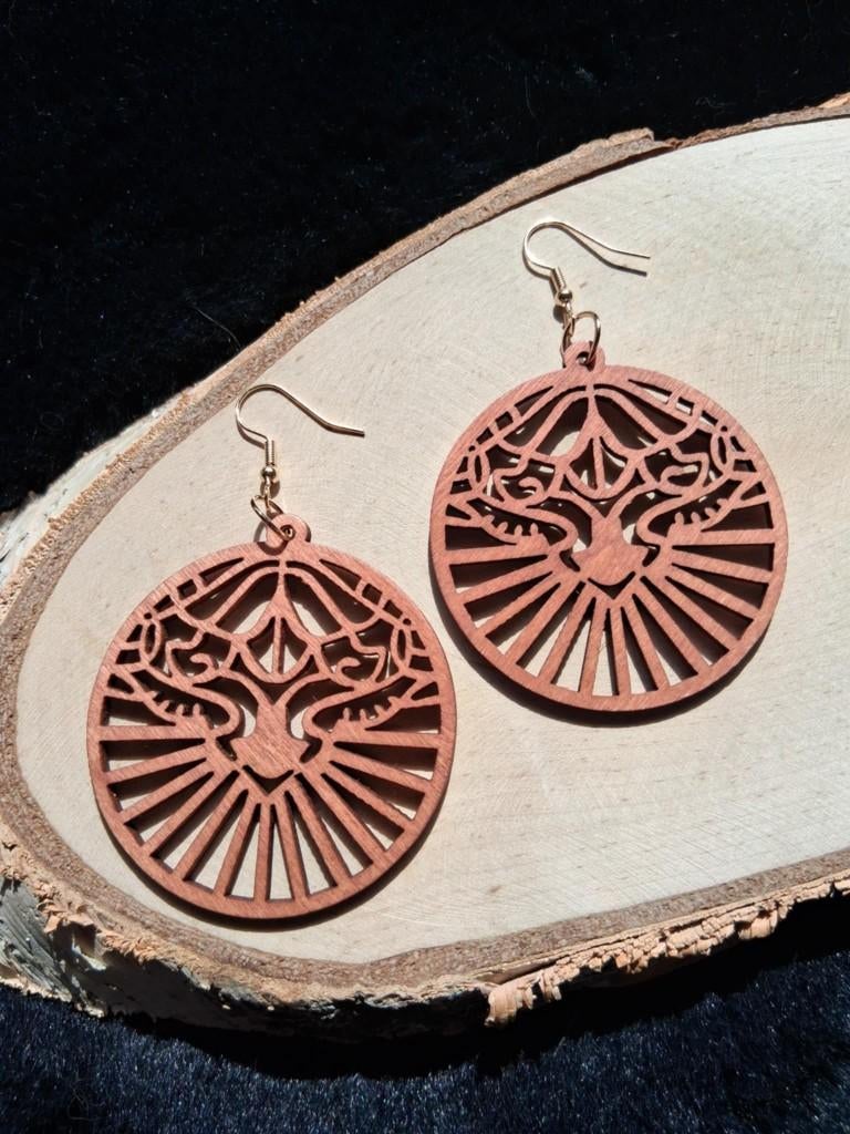 boho vintagelook houten oorbellen Sunray, Ophalen of Verzenden, Nieuw, Bruin, Overige materialen