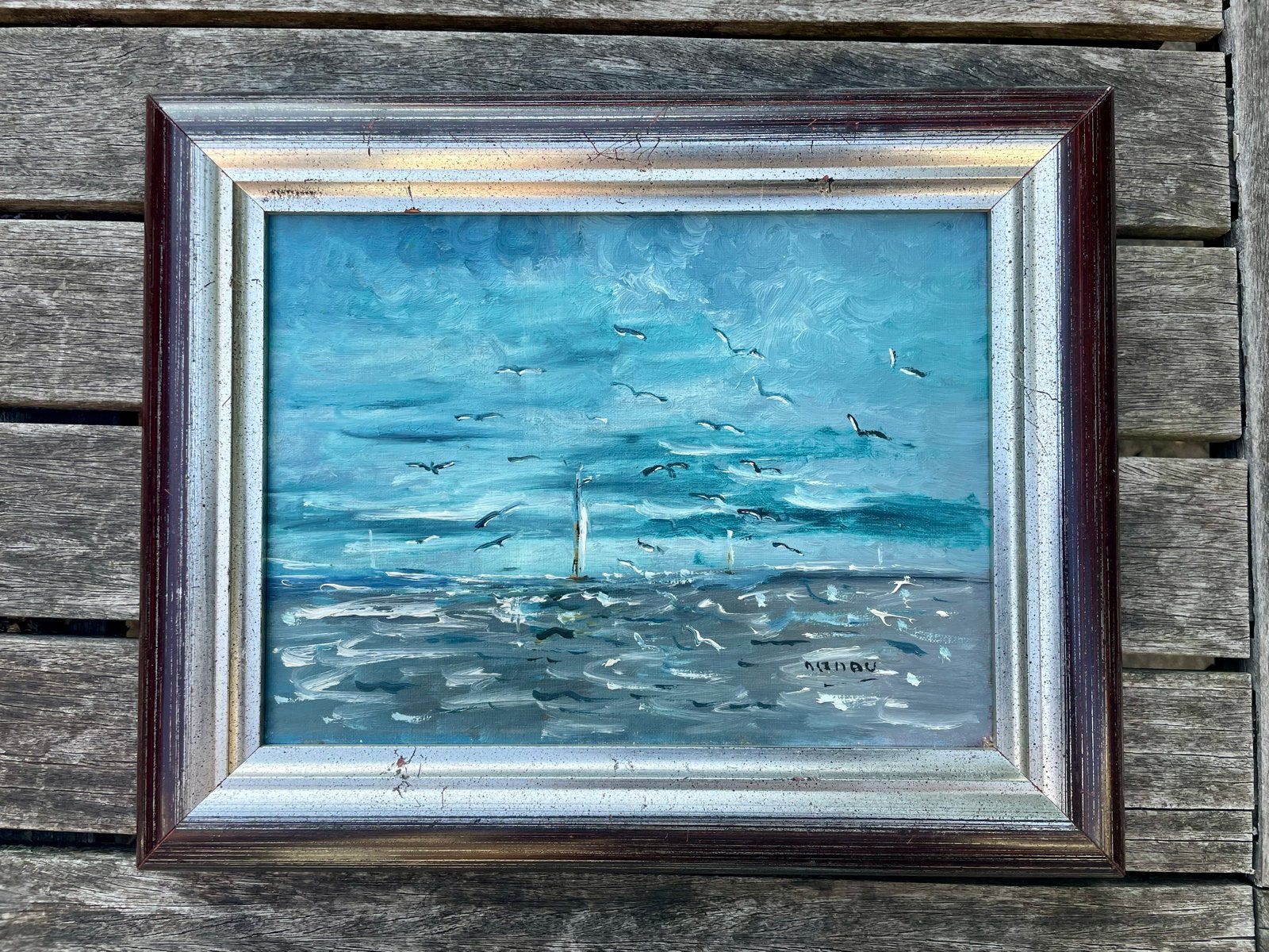Leuk Zee schilderij met vissersboot en meeuwen, Maritiem / water, Doek, Realistisch, Ophalen of Verzenden