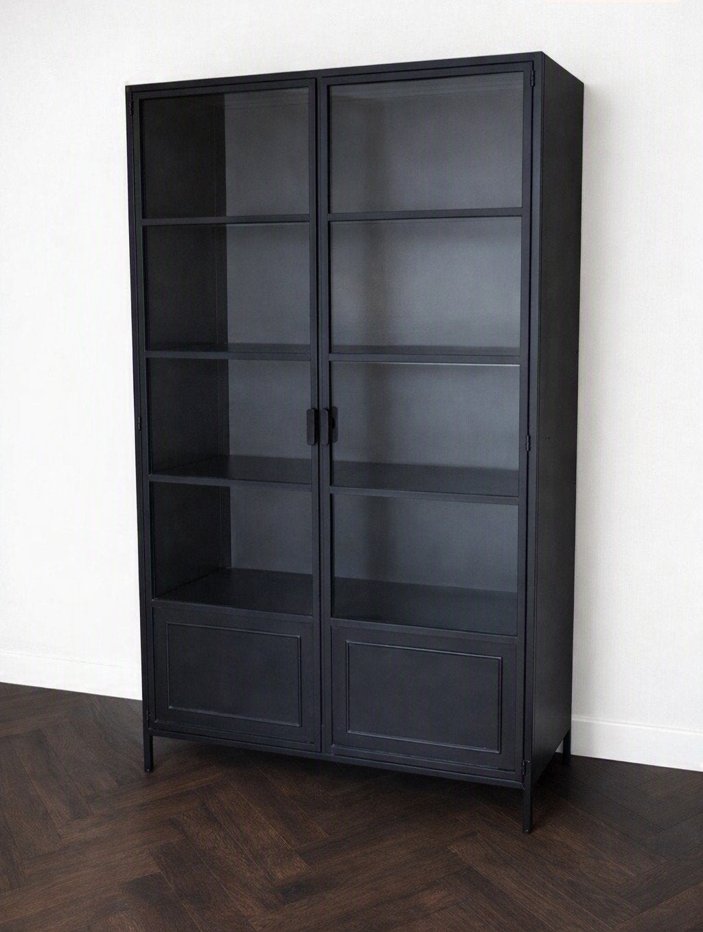 Zwarte metalen vitrinekast met glazen deuren 189x110x43, Ophalen, Met deur(en), Modern, Industrieel, 50 tot 100 cm