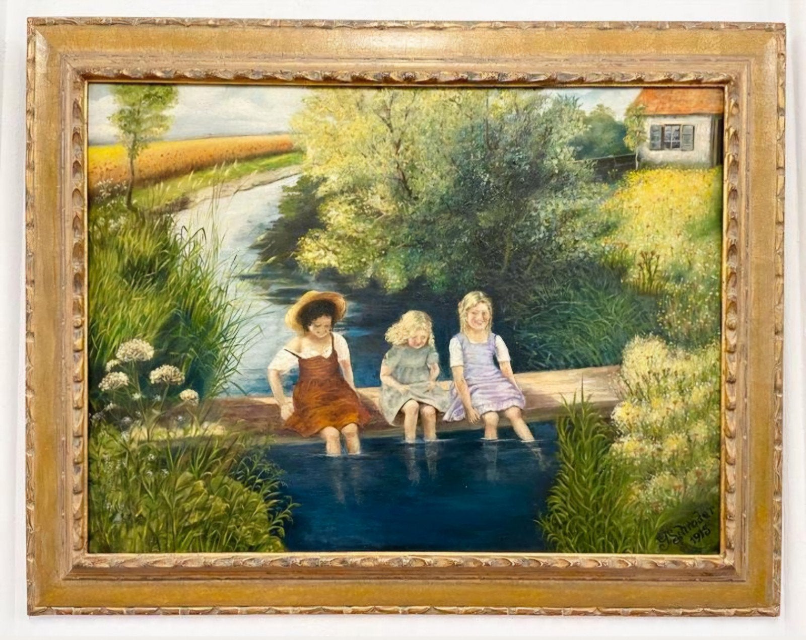 GROOT ANTIEK OLIEVERFSCHILDERIJ G. SCHRODER "Kinderen water", Ophalen, Bijzondere lijst, Olieverf
