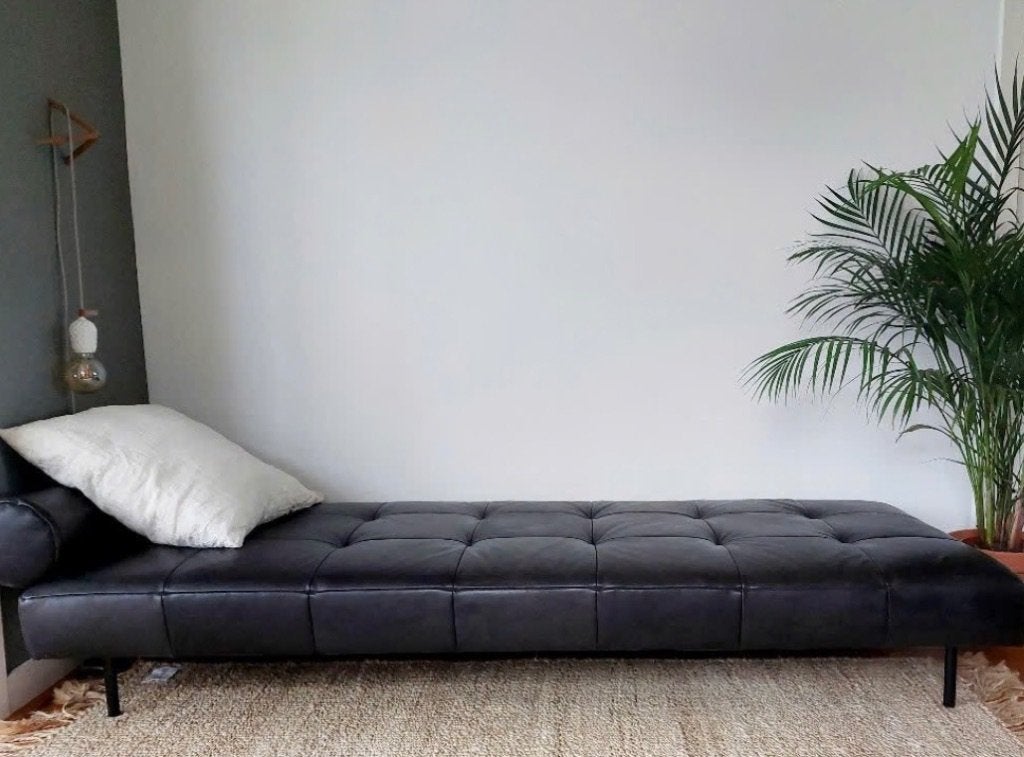 Daybed zwart leer metaal Scandinavisch design loungebed, Gebruikt, Eenpersoons, Verzenden, Metaal