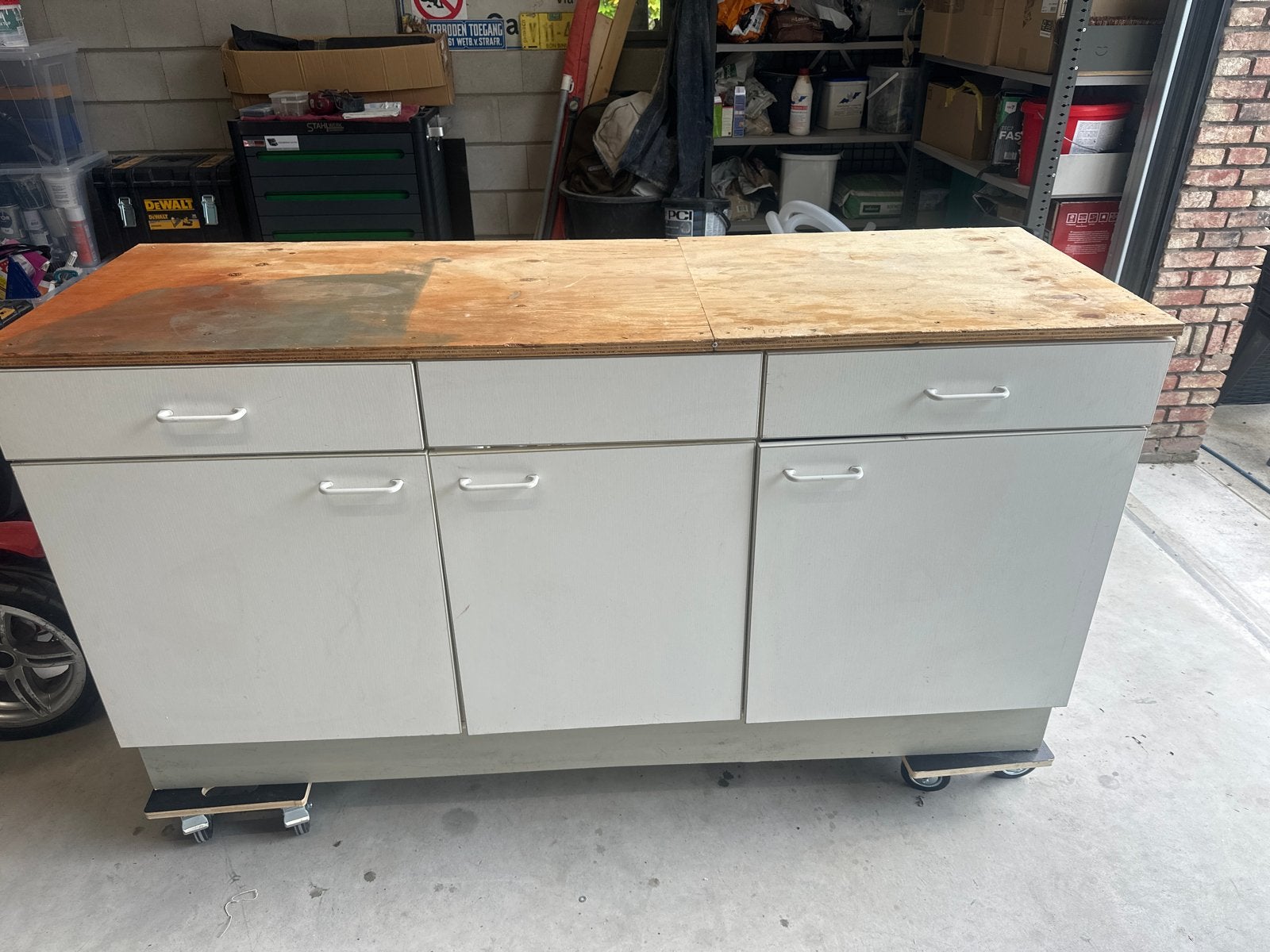 Werkbank met opbergruimte en houten blad TEAB, Huis en Inrichting, Ophalen, Gebruikt