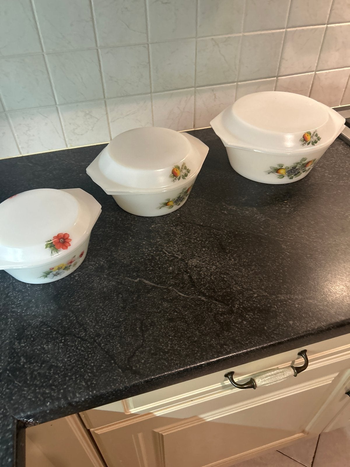 3 Arcopal ovenschalen: Fruits de France & Arcopal France, Gebruikt, Overige merken, Vintage, Ophalen of Verzenden