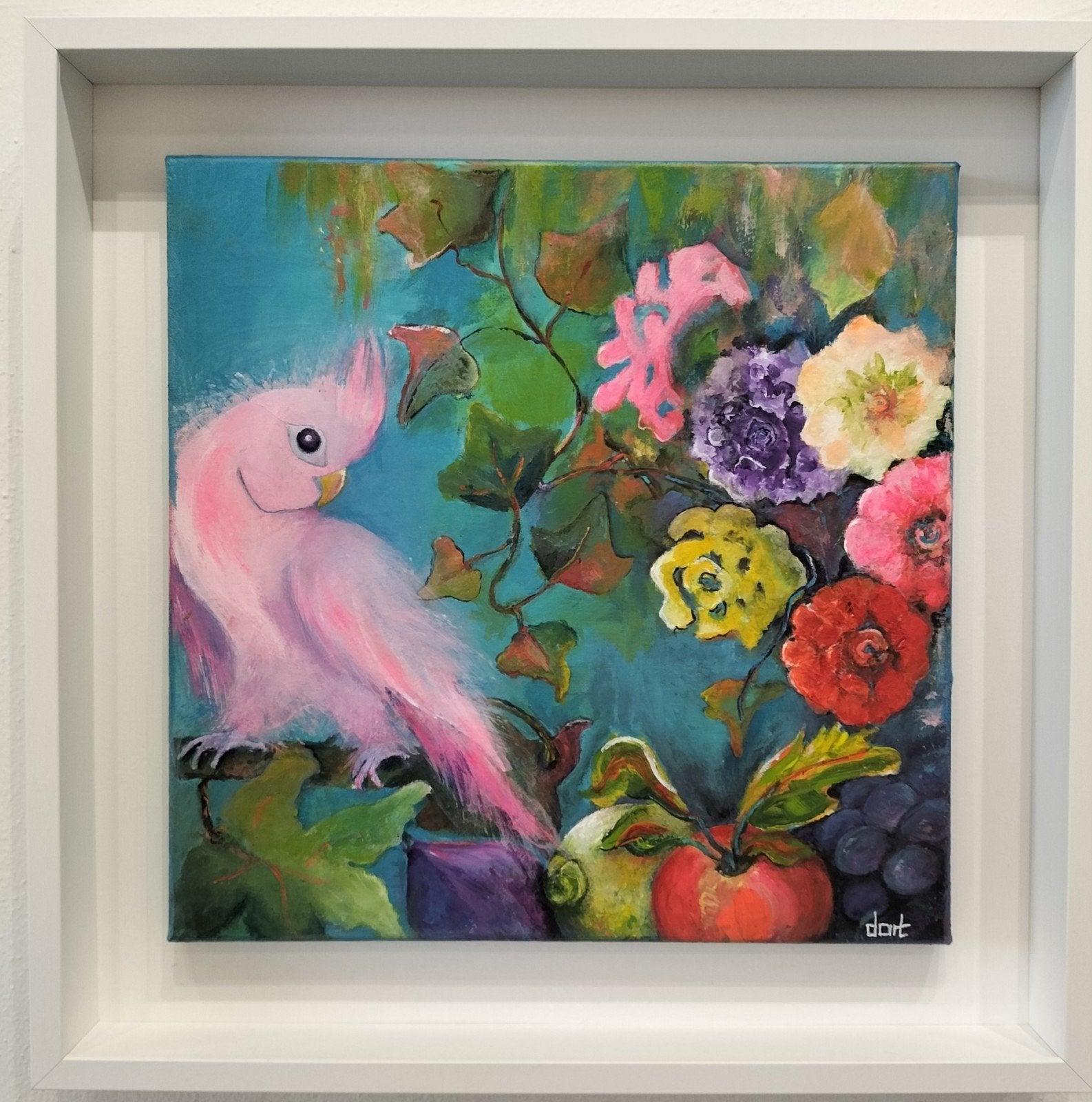 stil leven met kaketoe, fruit, bloem-moderne "oude meester", Antiek en Kunst, Acrylverf, Ophalen of Verzenden, Dieren, Gelimiteerde oplage