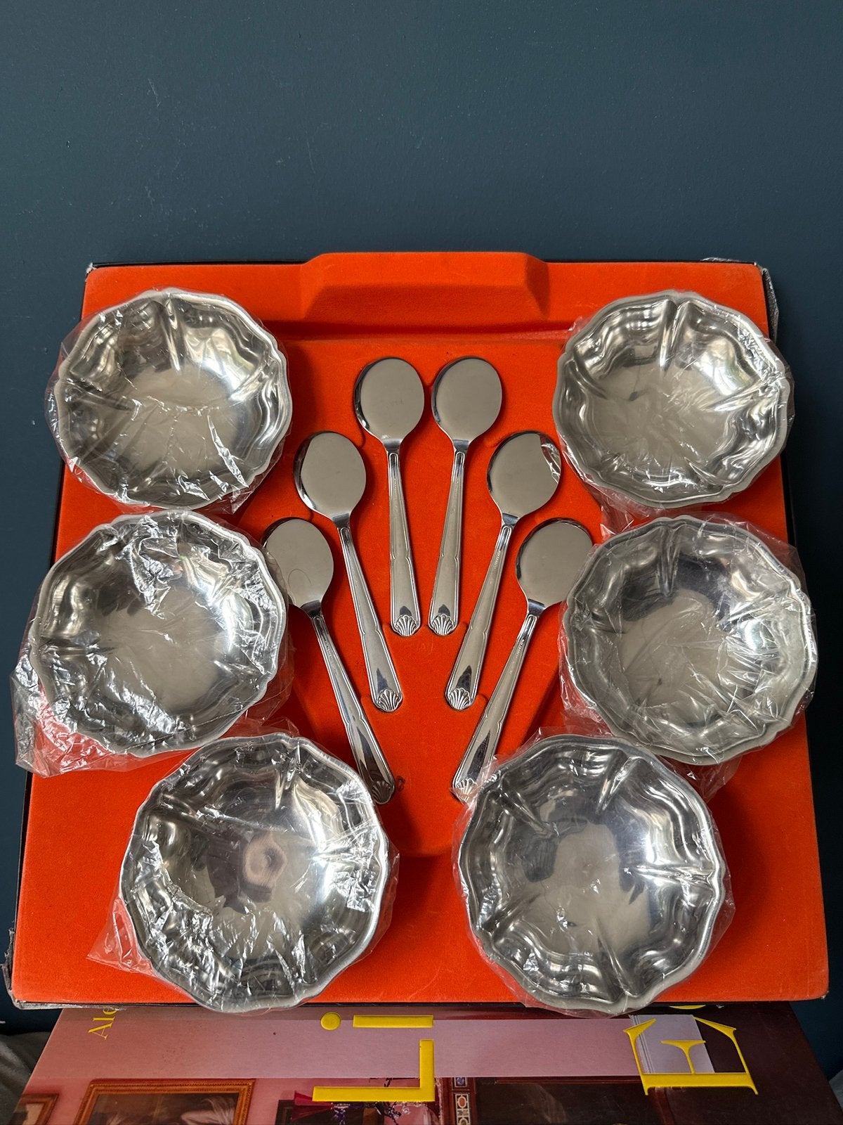 Guy Degrenne 12-delige set van 6 vlindercoupes met lepels, Ophalen of Verzenden, Rvs of Chroom