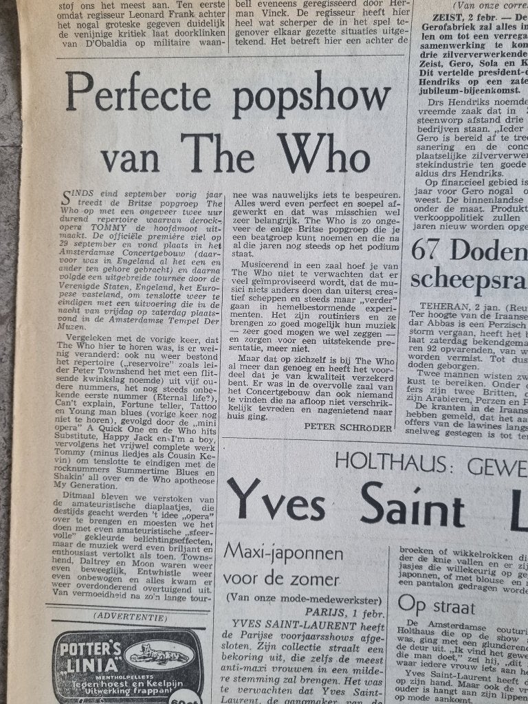 POPMUZIEK Concert The Who in Concertgebouw (1970), Ophalen of Verzenden, 1960 tot 1980, Knipsel(s)