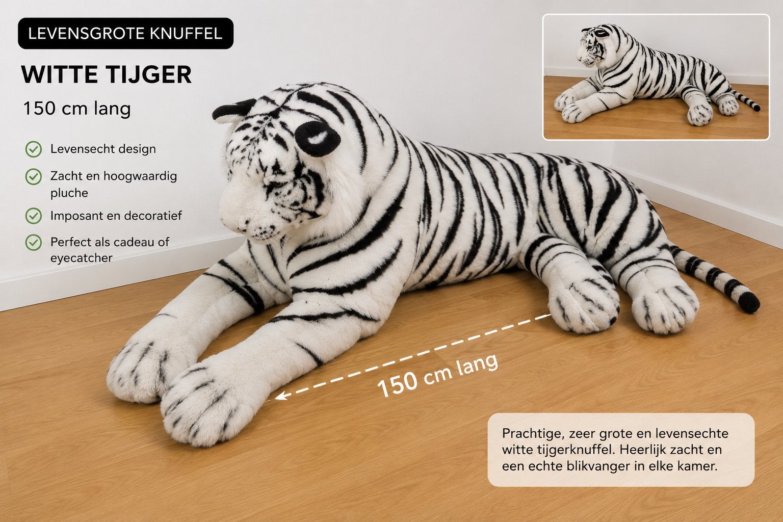 Levensgrote Witte Tijger Knuffel - 150 cm, Kinderen en Baby's, Speelgoed | Knuffels en Pluche, Ophalen, Zo goed als nieuw, Wit