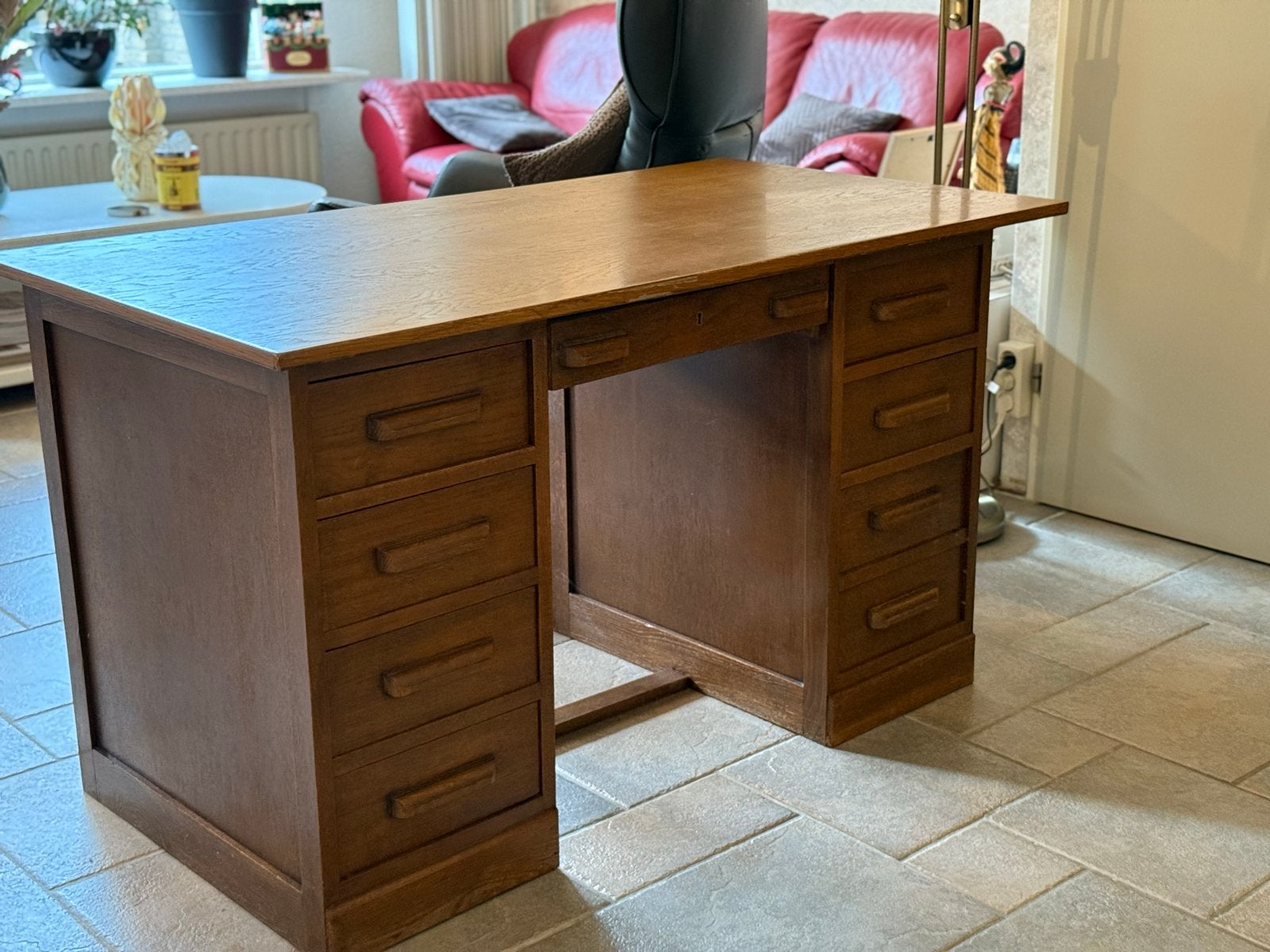 Houten bureau met 2 ladeblokken, Ophalen, Met lades, Gebruikt, Hout