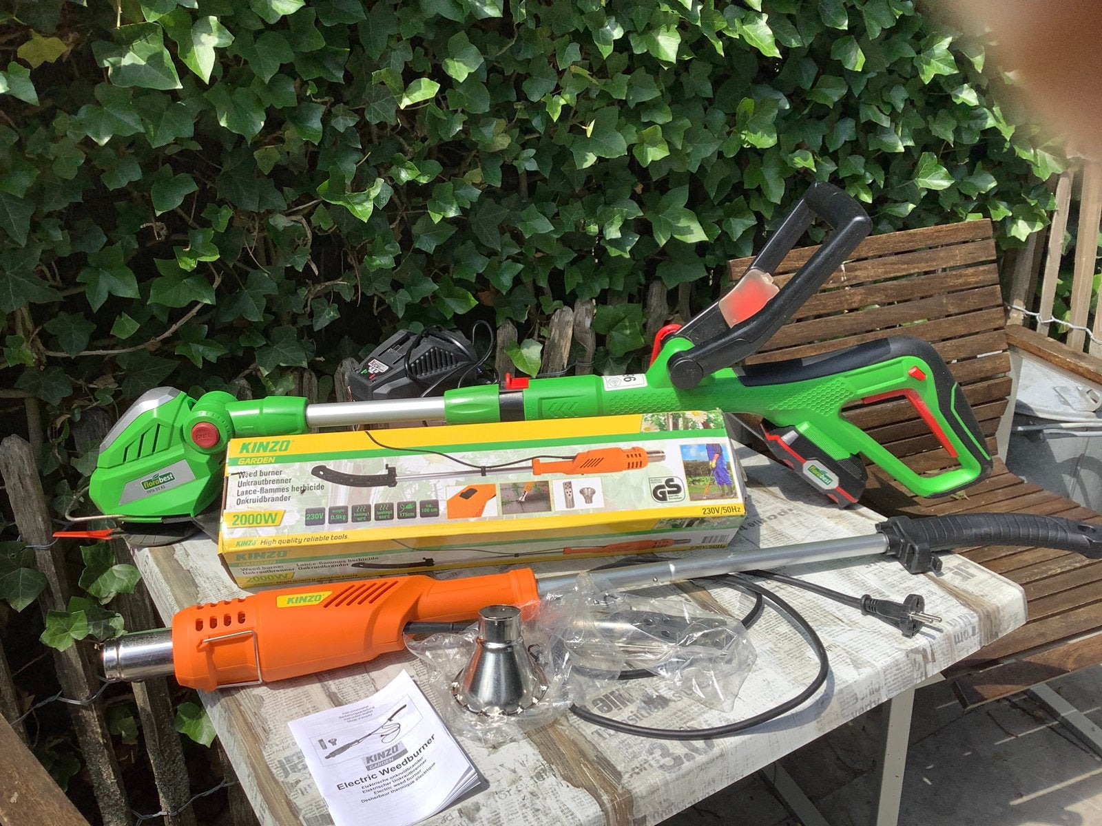 Florabest grastrimmer zgan + Kinzo onkruidbrander nieuw!, Ophalen, Zo goed als nieuw
