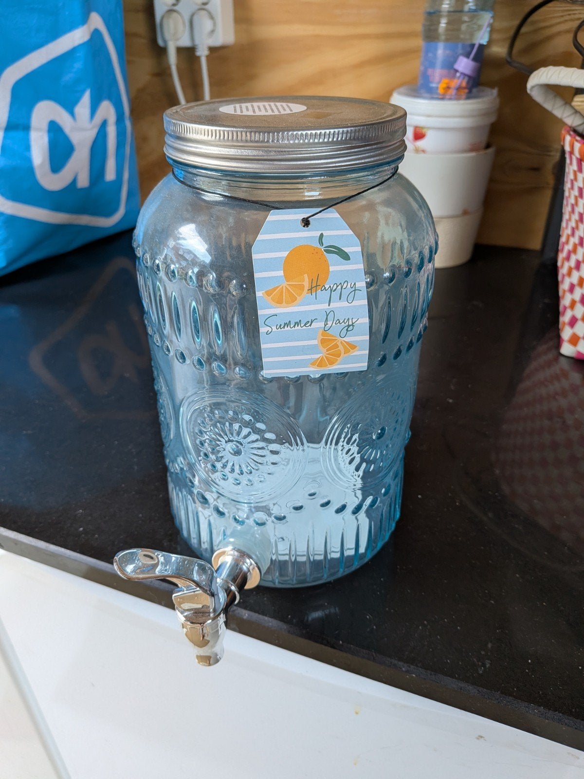 Glazen sapdispenser met kraantje - Happy Summer Days, Ophalen, Zo goed als nieuw, Blauw, Glas
