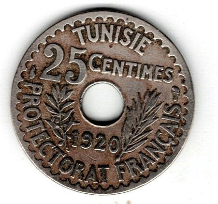 26-1729 Tunesie 25 centimes 1920, Ophalen of Verzenden, Overige landen, Losse munt