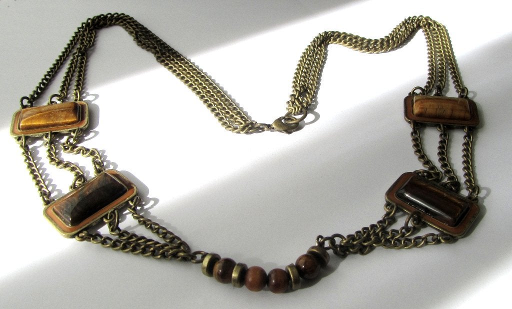Mooie Oude koperen ketting met 4 x grote tijgeroog edelsteen, Sieraden, Tassen en Uiterlijk, Kettingen, Ophalen, Zo goed als nieuw