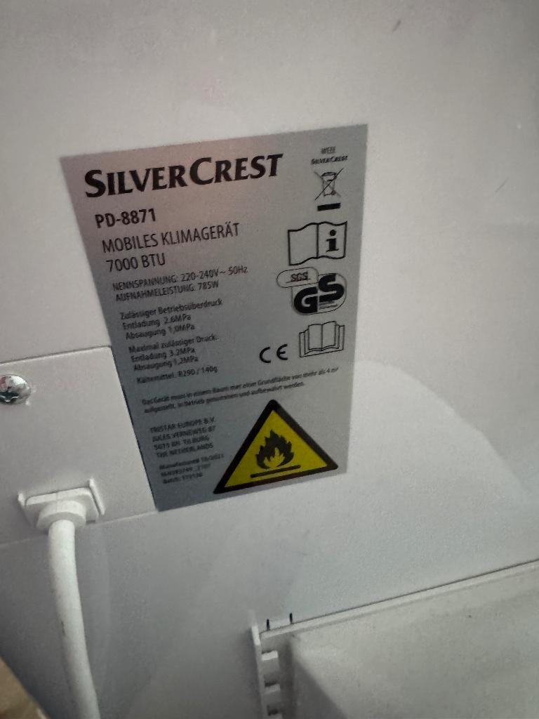 SilverCrest PD-8871 mobiele airco — 7000 BTU, Ophalen, Timer, Minder dan 60 m³, 3 snelheden of meer
