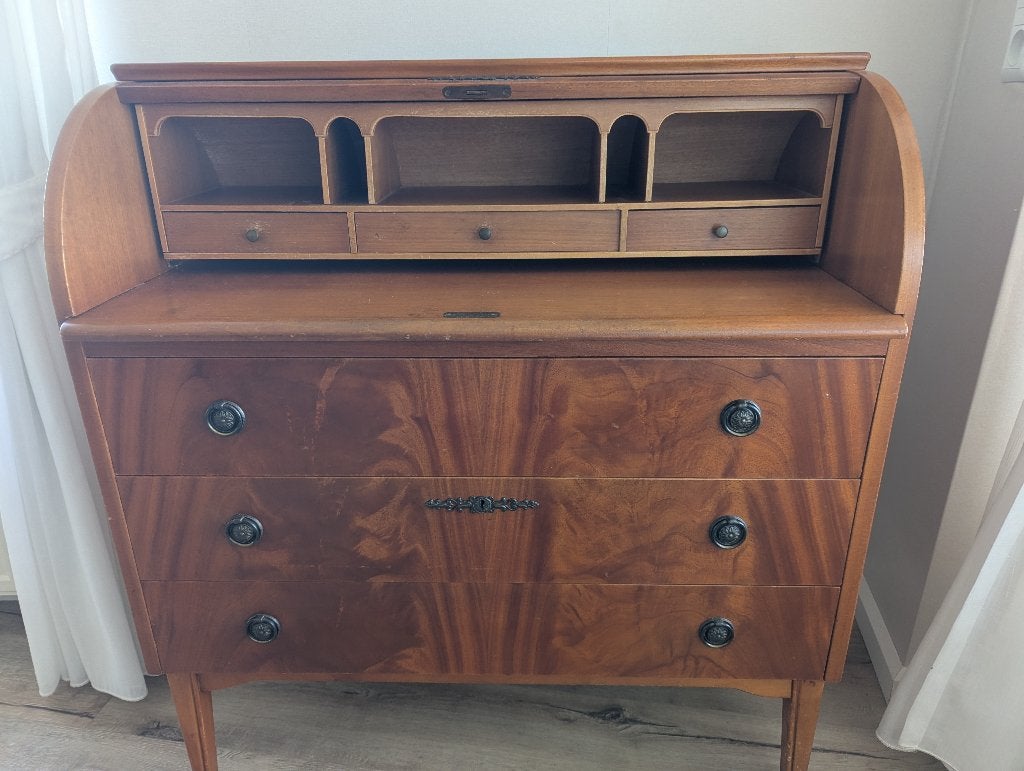 Vintage houten secretaire / bureau met rolluik, Huis en Inrichting, Bureaus, Ophalen, Met lades, Gebruikt, Secretaire