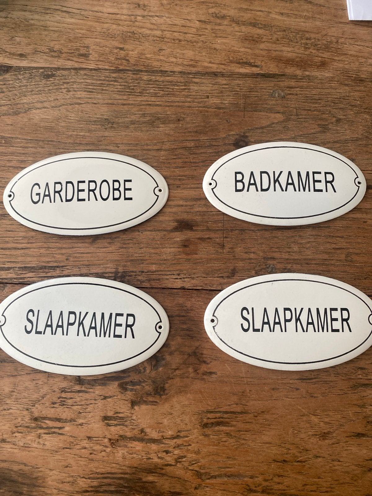 Emaille bordjes Garderobe, Badkamer, Slaapkamer (13x7 cm), Antiek en Kunst, Ophalen of Verzenden