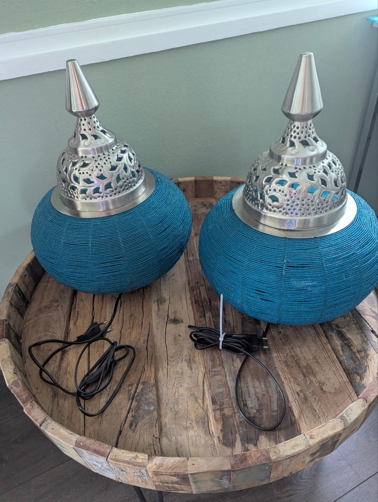 Set van 2 grote Oosterse Tafellampen - Turquoise en Zilver, Huis en Inrichting, Ophalen, Meerkleurig, Metaal, Overige stijlen