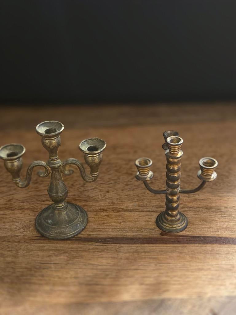 Oude miniatuur kandelaars voor letterbak, Antiek en Kunst, Ophalen of Verzenden, Koper of Brons