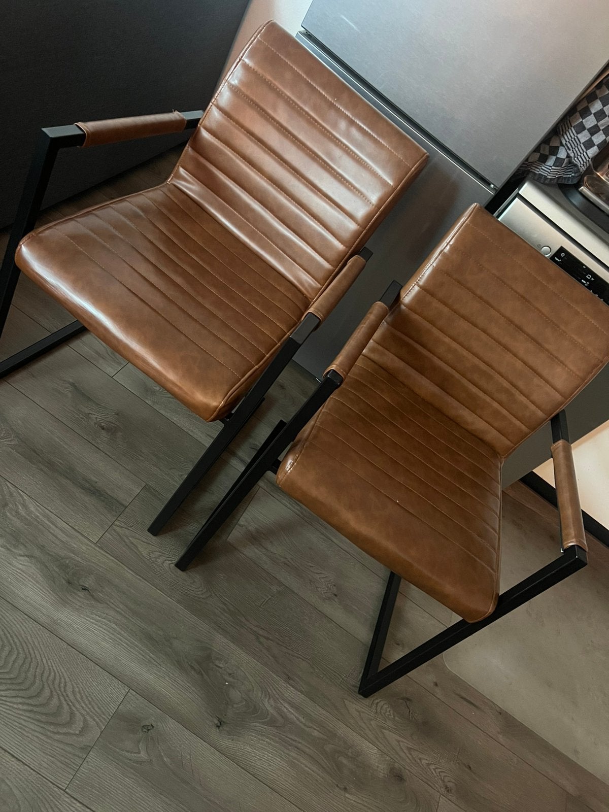 4 mooie eetkamer stoelen van kunst leer, Ophalen, Gebruikt, Bruin, Leer