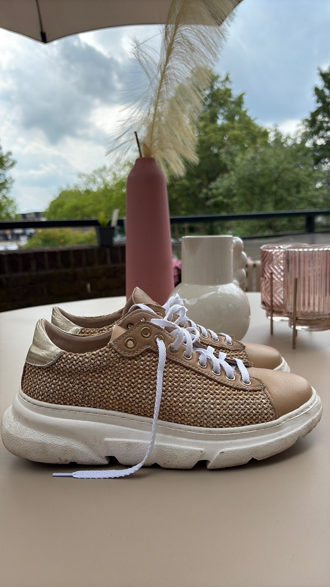 Roberto d'Angelo (RdA) Italiaanse raffia sneakers met goud, Beige, Ophalen of Verzenden, Sneakers of Gympen, Gedragen