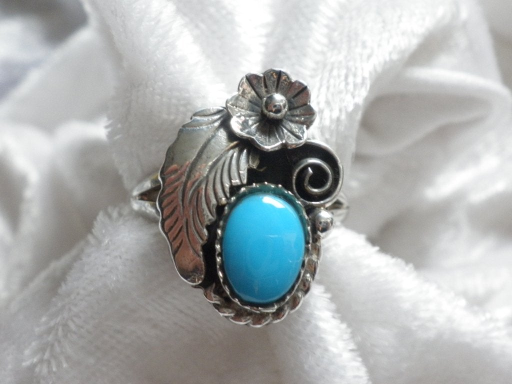 Mooie Zilveren Ring met Turkois - Bloem en Blad, Verzenden, Zilver, Ring, Met edelsteen