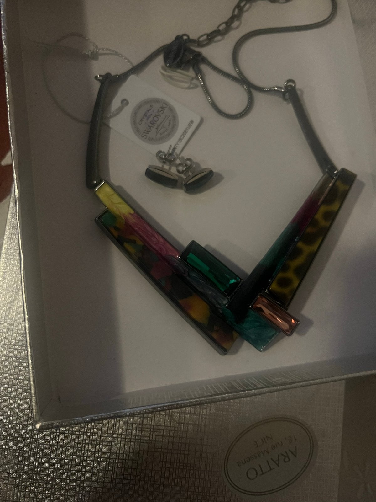 Swarovski ketting met kleurrijke hangers en oorbellen, Met kristal, Overige materialen, Blauw, Nieuw