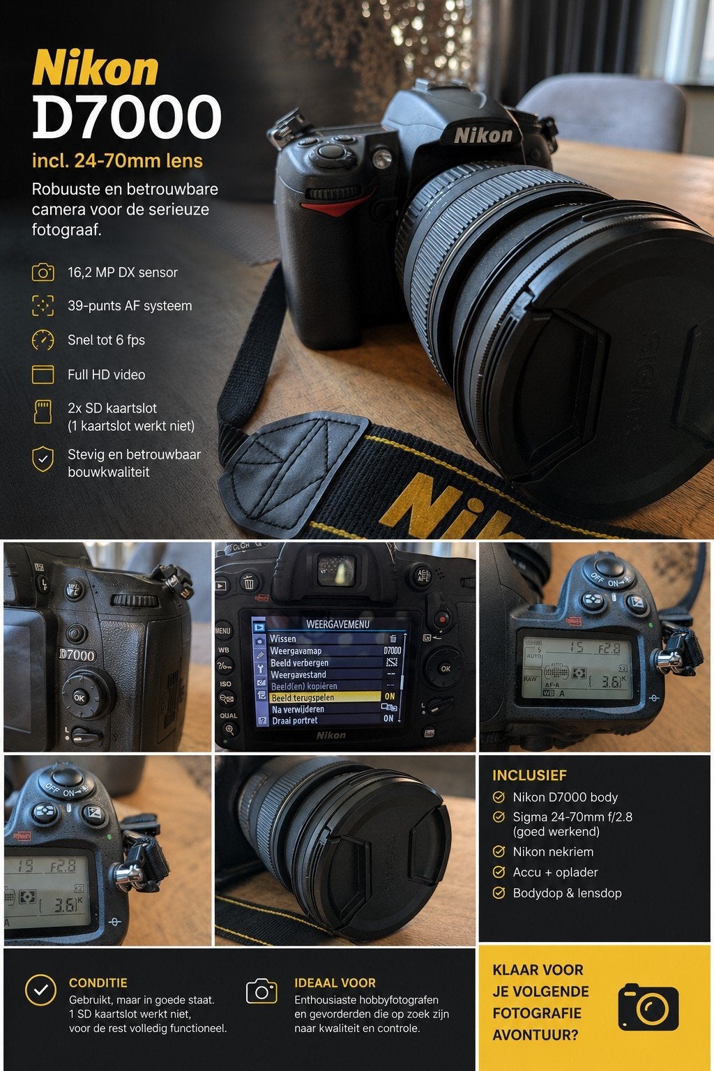 Nikon D7000 + Sigma 24-70mm lens – Complete set |, Audio, Tv en Foto, Ophalen of Verzenden, Gebruikt, Nikon, Standaardlens