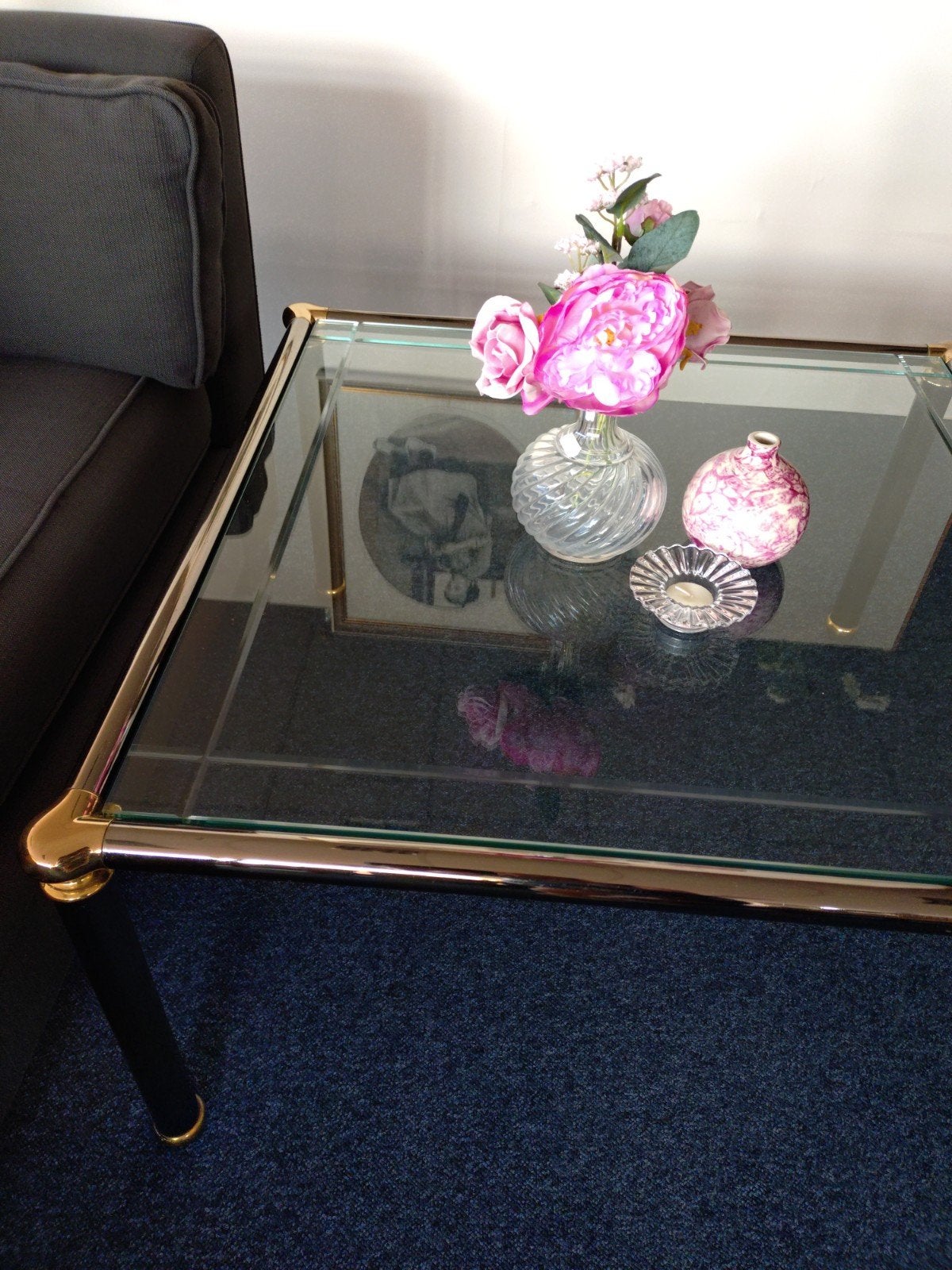 Glazen salontafel met gouden en zwarte accenten, Ophalen, Gebruikt, 50 tot 100 cm, 50 tot 100 cm
