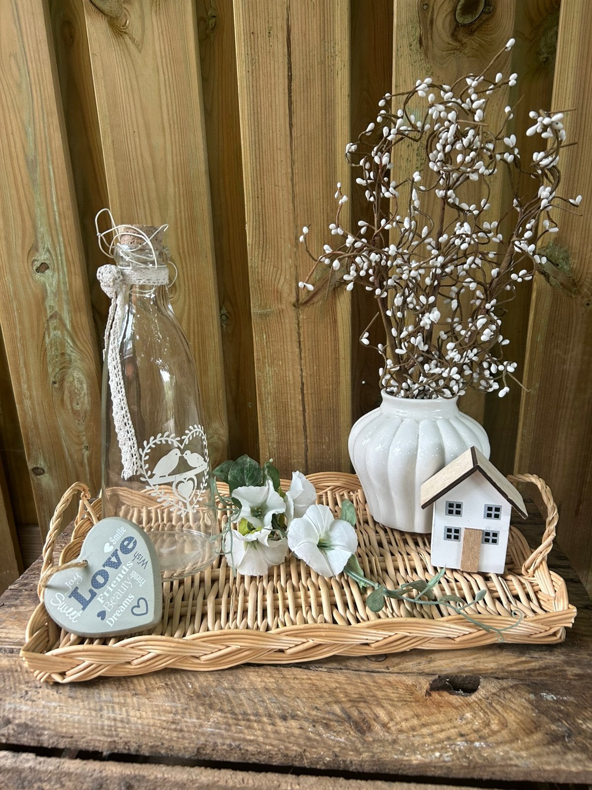 Landelijke woondecoratie set met rieten dienblad, Ophalen of Verzenden, Zo goed als nieuw