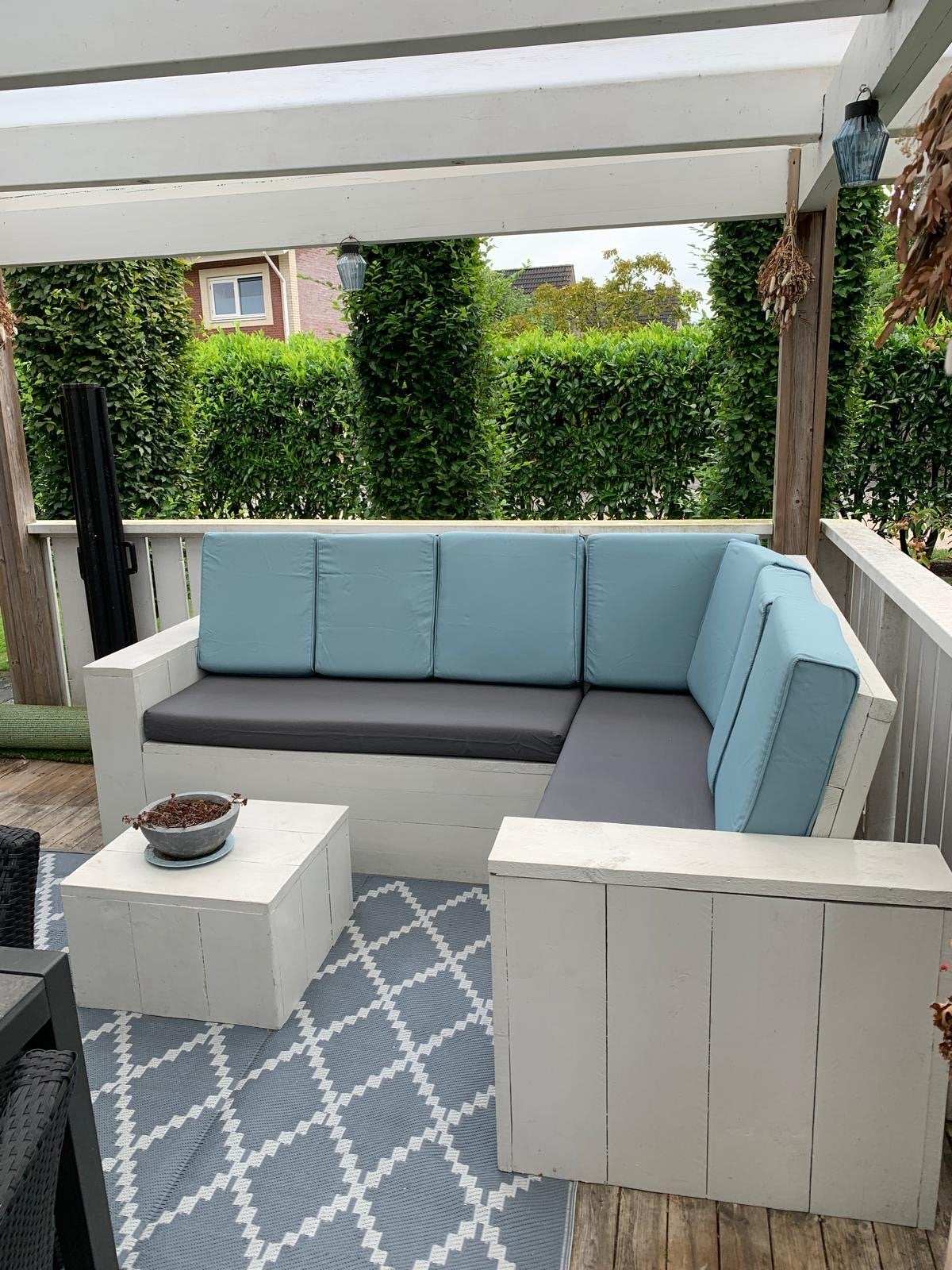Steigerhouten loungeset met kussens, Ophalen, 5 zitplaatsen, Gebruikt, Steigerhout