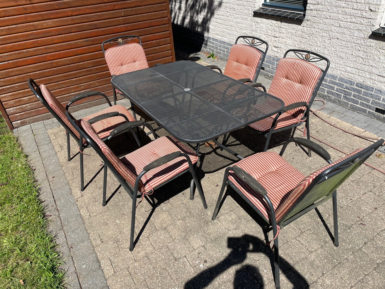 Metalen tuintafel antraciet met 6 stoelen, Ophalen, Overige materialen, Gebruikt, 6 zitplaatsen