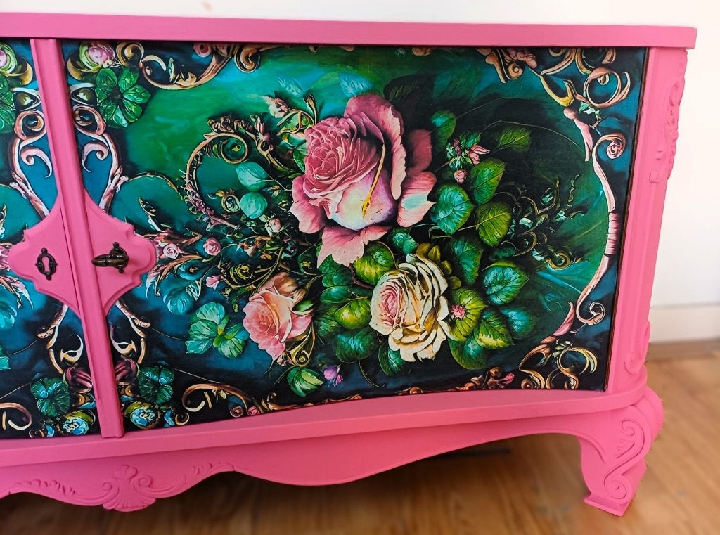 Een roze dressoir, kast, TV kast “Rozen“, boho, eclectisch, 100 tot 150 cm, Ophalen of Verzenden, Zo goed als nieuw, Minder dan 100 cm