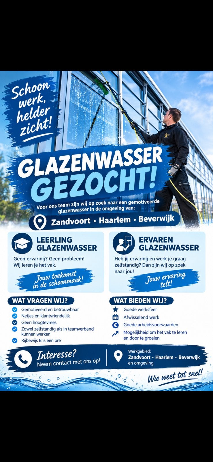 Glazenwasser gezocht leerling/ervaren