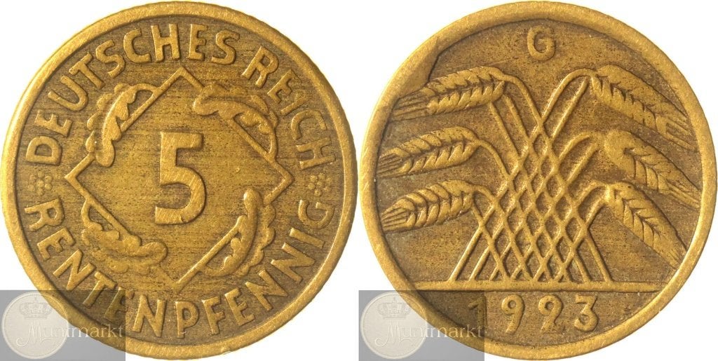 Duitsland - Weimar Republiek 5 Rentenpfennig 1923G 'Misslag', Ophalen of Verzenden, Duitsland, Losse munt
