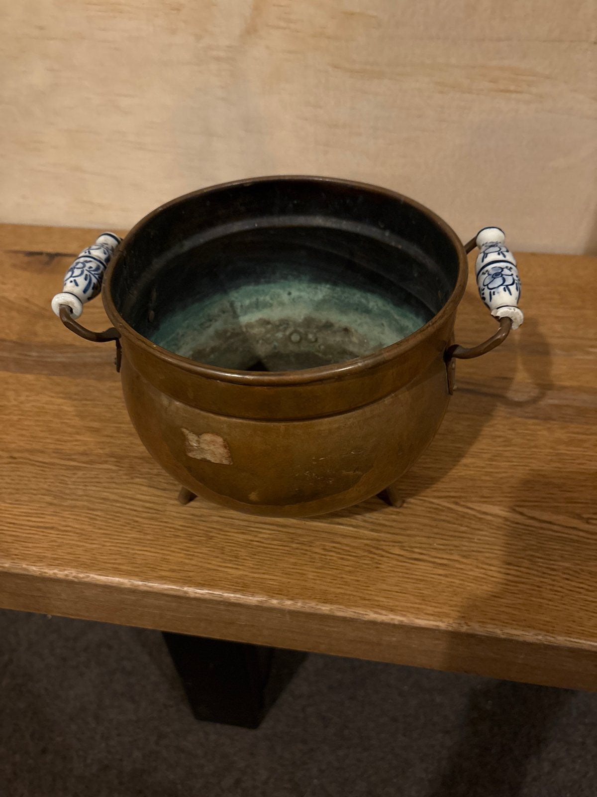 Antieke Koperen Pot met Delfts Blauw Handvat, Ophalen of Verzenden, Koper