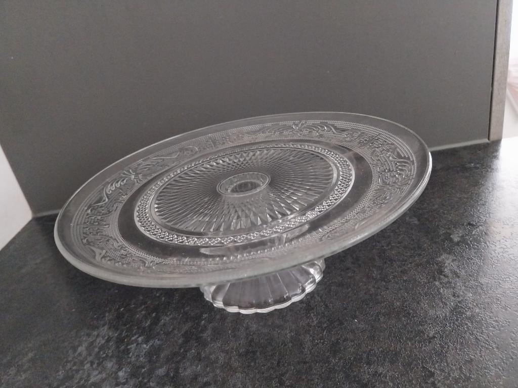 Elegant Glazen Taartplateau op Voet – Vintage Look – Ø 25 cm, Ophalen of Verzenden, Gebruikt