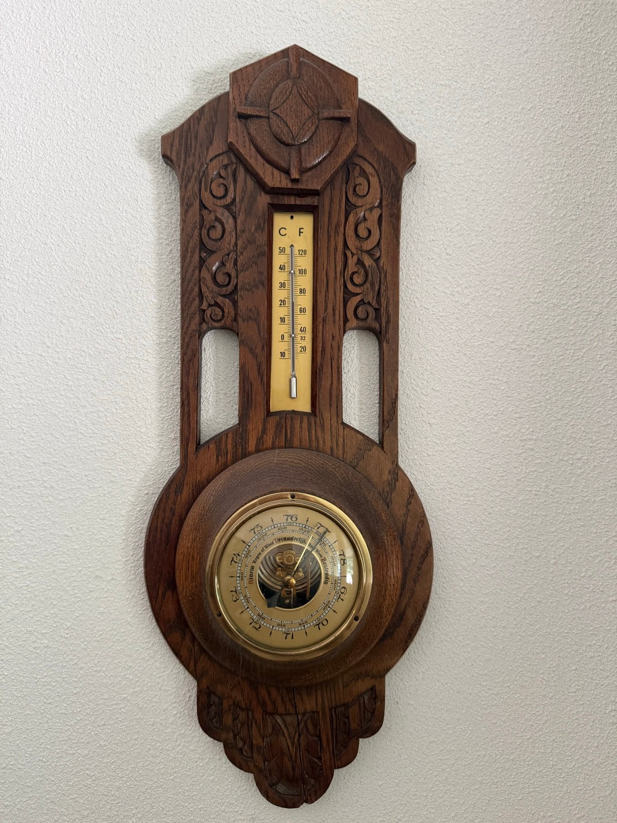 Antieke Barometer en Thermometer - Houtsnijwerk, Ophalen of Verzenden, Gebruikt, Barometer