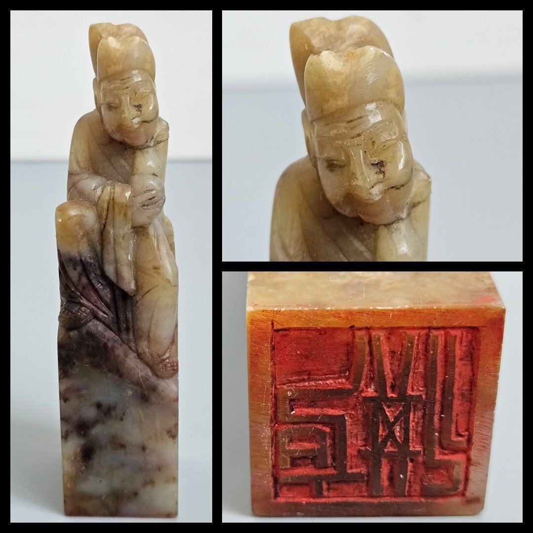 China,  antieke uit speksteen gesneden stempel,  wijze man, Natuurlijk materiaal, Ophalen of Verzenden, China, Handgemaakt