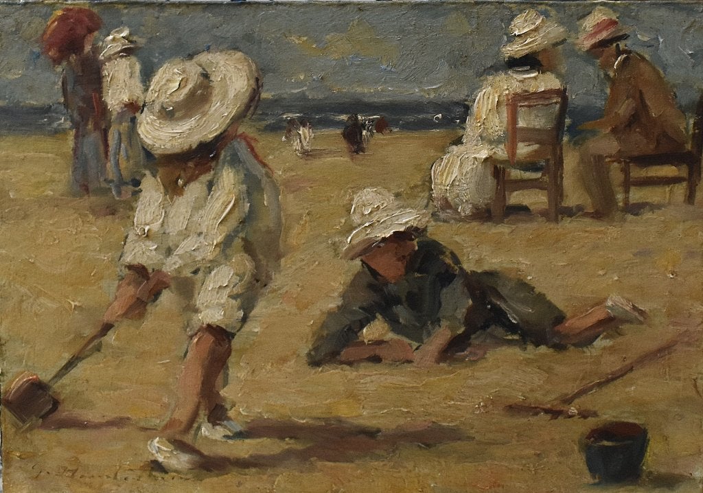 Schilderij strandplezier Scheveningse school., Antiek en Kunst, Verzenden, Impressionistisch, Ingelijst, Olieverf