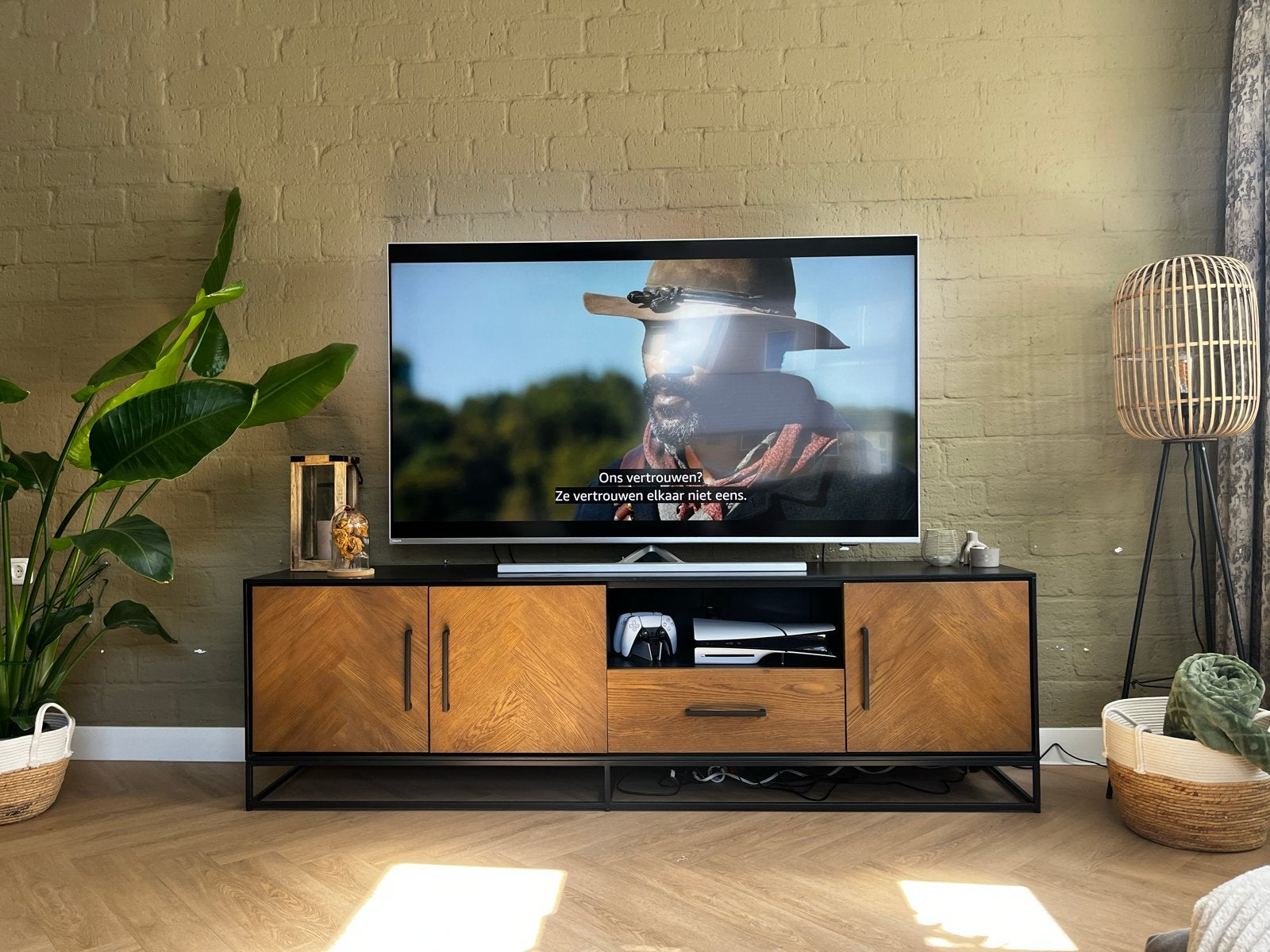 Moderne Industriële TV-meubel & Salontafel Set - Zwart/Hout, Ophalen, Gebruikt, 150 tot 200 cm, Minder dan 100 cm