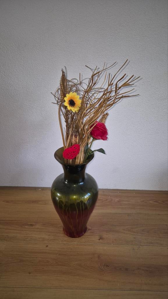 Grote Decoratieve Vaas met Kunstbloemen - Groen/Rood, Ophalen, Overige materialen, Gebruikt, Overige kleuren