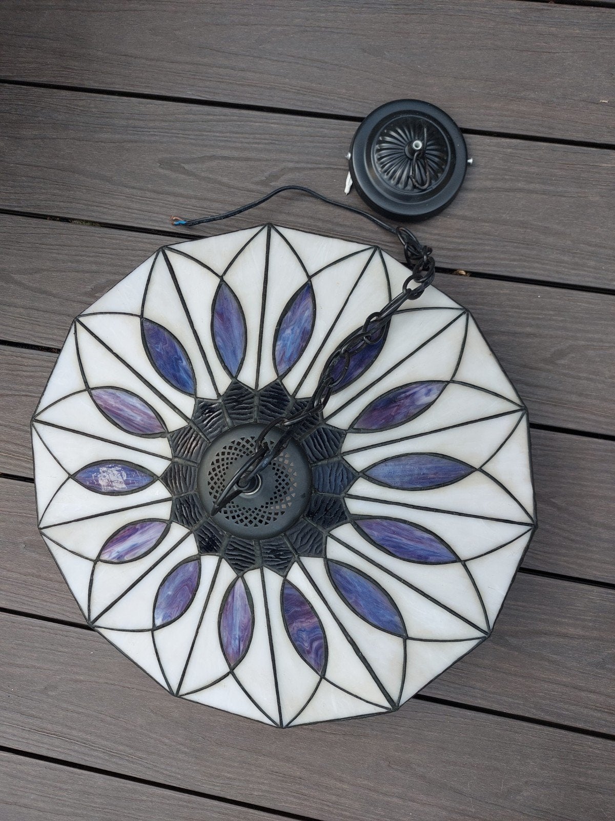 Tiffany Stijl Plafondlamp - Paars en Wit Glas, Huis en Inrichting, Ophalen, Gebruikt, E27 (groot), Tiffany, Art Nouveau