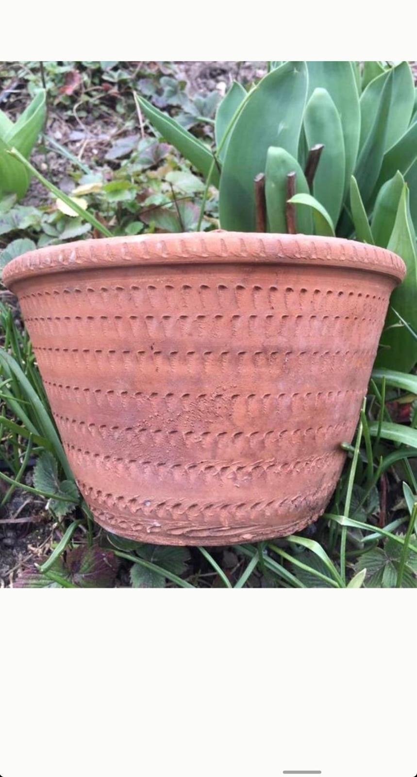 Decoratieve mooie oud Hollandse terracotta bloempot, Gebruikt, Rond, Minder dan 40 cm, Balkon