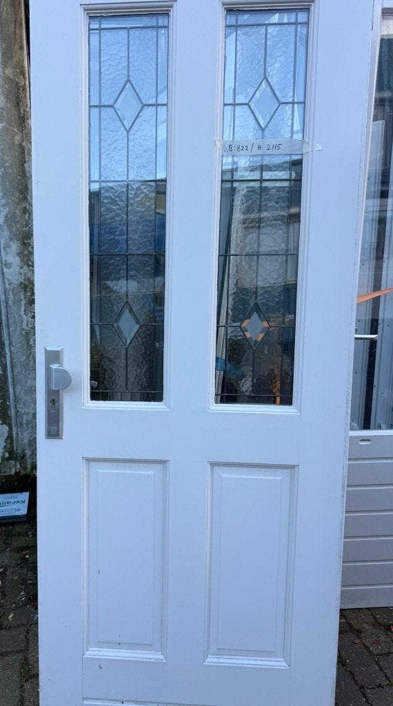 Mooie witte houten deur inclusief glas in lood en beslag, Ophalen, Gebruikt, 80 tot 100 cm, Binnendeur